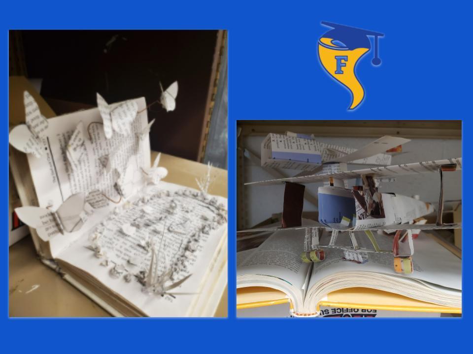 Student recycled book art. Right image of butterflies cut out of a book. Top Right image Portrait of Grade Tornado. Bottom Right Student created airplane from recycled book pages